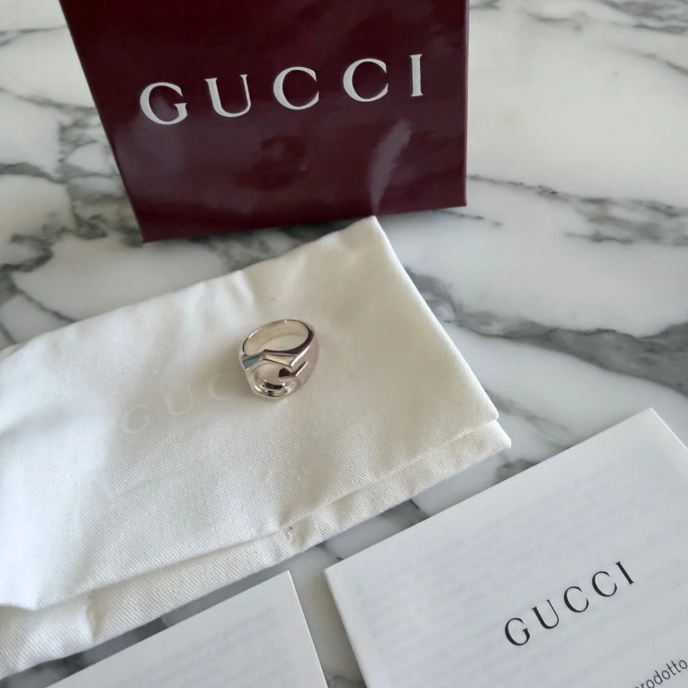 Gucci Sterling Silver Hexagon G Logo Ring Made in Italy Statement Band size 15